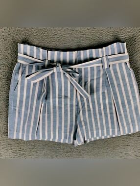 L'AGENCE Blue and White Striped Tie-Waist High Waist Shorts